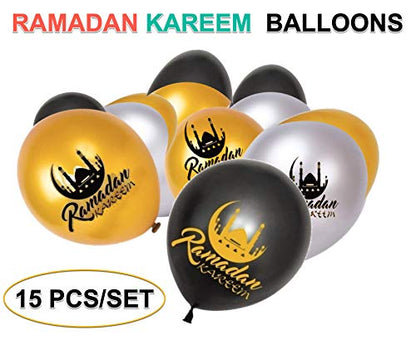 Ramadan Kareem Eid Decorations Bunting Banners Kullu am wa antum bikhair Balloons Latex Islamic Balloons Birthday Party Black, Gold, Silver Balloon Banners Latex 12" each (Blue+15pcs) - color: Blue,gold,silver