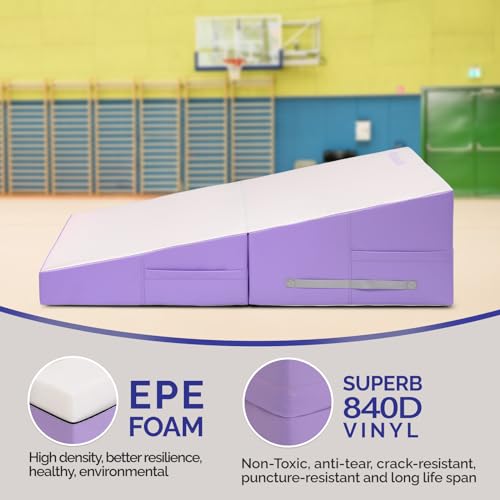 Matladin 48"x24"x14" Tumbling Mat - Folding Gymnastics Cheese Wedge Mat for Kids, Girls Home Training - color: White, Purple