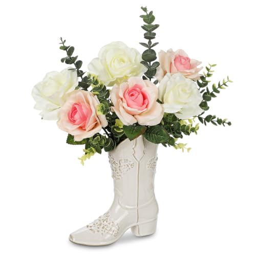 Artificial Flower Plant in Ceramic Cowboy Boot Vase Faux Floral Decor - color: Rose