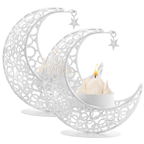 Moon Candle Holders Set of 2, Metal Tealight Candle Holder for Table Centerpiece Decorative Votive Candlesticks Holder for Party Home Decor (White) - color: White