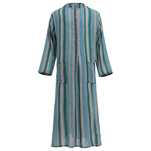 OLEMEK Mens Muslim Thobe Long Sleeve Stripe Long Gown Middle East Islam Arabic Thobe Shirt Dresses - color: Green, size: 5X-Large