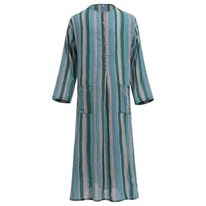 IWEMEK Muslim Thobe for Men Striped Kaftan Thobe with Pockets Saudi Arabic Robe Button up Dubai Abaya Caftan Ramadan Clothes - color: Green, size: Medium