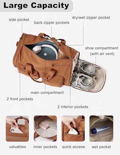 ZUEVI Gym Duffel Bag for Men Women with Shoe and Wet Compartment Lightweight Foldable Carry On Sports Travel Bag for Training Yoga Weekender(Brown) - color: Brown