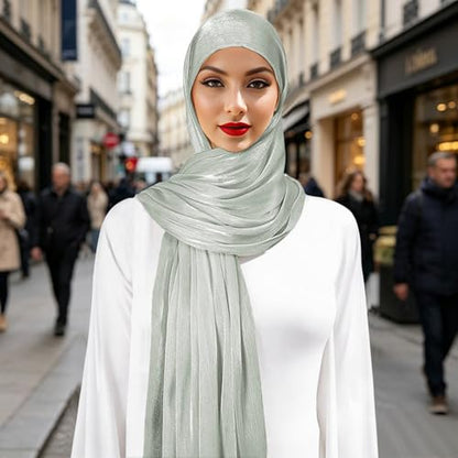 Premium Hijab Head Scarf for Women Lightweight Shimmer Hijab Head Wrap Scarves Crepe Satin Scarf Shawl Wrap - color: Light Green