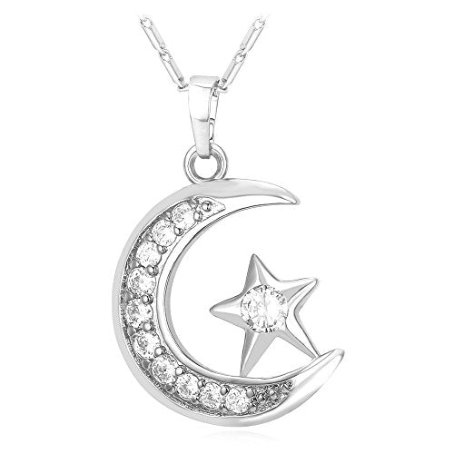 U7 Allah Necklace for Women/Men, 18K Gold Plated Square/Oval/Coin/Heart/Crescent Moon Islamic Pendant Necklace Muslim Jewelry with Chain - color: 01.Crescent Moon platinum