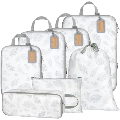 Cambond Compression Packing Cubes for Travel - Luggage Suitcase Organizer - color: 11 White Teardrop-shaped Texture, size: 7-Piece Set