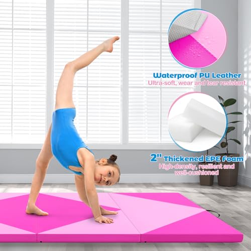 Giantex 4'x8' Gymnastics Mat, 2" Thick Folding Tumbling Mat with Carrying Handles, Foldable Gym Mat with Hook and Loop Fastener, Cheer Mats for Kids Adults Home Exercise Aerobics Fitness - color: Pink/Purple