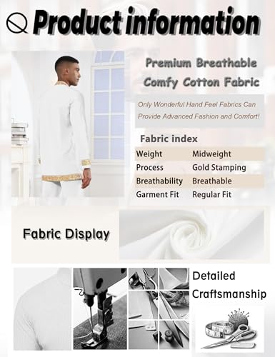 Mens African 2 Piece Set Nigerian Dashiki Metallic Traditional Suit Gold Stamp Printed Shirt and Pants Outfit - color: White, size: Large