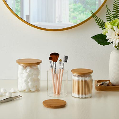 INIUNIK 3 Pack Glass Qtip Holder Dispenser with Bamboo Lid Apothecary Jars Cotton Ball Swab Holder Jar Dispenser Bathroom Vanity Canisters for Countertop Storage and Organization - size: 3 Pack