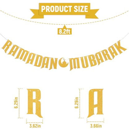 Ramadan Mubarak Banner - Happy Eid Decor, Ramadan Decorations for Home Umrah Mubarak Decorations Eid Festival Party Decorations Gold Glitter