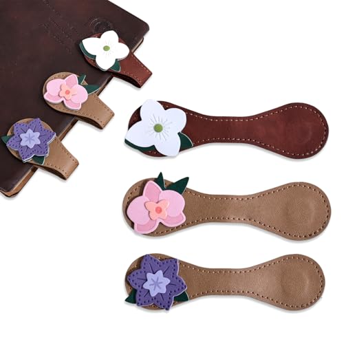 3 Pcs Magnetic Leather Bookmarks, Floral Patterns Page Markers Vintage Flower Bookmark, Gift for Book Lovers Students Book Accessories,Women Girls（Phalaenopsis Clematis Dogwood） - style: Flowers 1