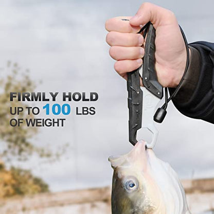 7.5'' Floating Fish Gripper, Fishing Grabber | Catfish Mouth Pliers, Caught Bass Holder, Fish Scale Hook Clamp, Saltwater Lip Grip Tool with Lanyard, Gifts for Men - color: Black-white