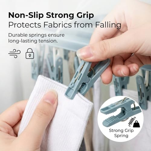Clothes Drying Hanger with 32 Clips and Drip Foldable Hanging Rack (Light Blue)