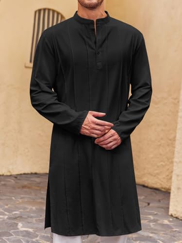 Runcati Mens Kaftan Thobe Button Down Henley Shirts Robe Long Sleeve Casual Cotton Pleated Muslim Gown Shirt - color: Black, size: Medium
