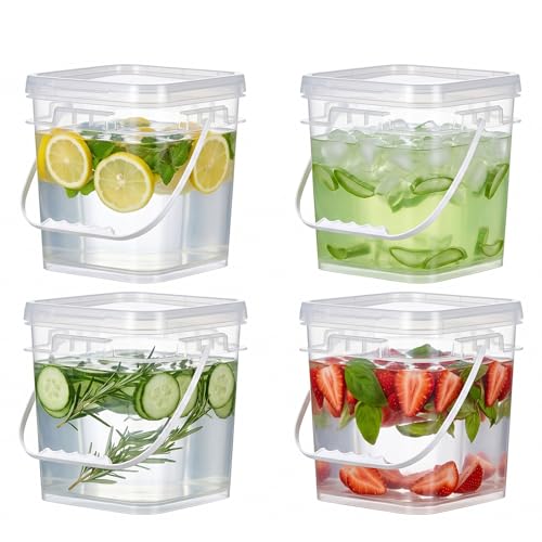 Food Storage Buckets with Lids - 4 Set Square Clear Plastic Containers, Airtight Pressure Seal & Handle for Kitchen Freezer Prep (Clear, 1.3 gal) - color: Clear, size: 1.3 gal