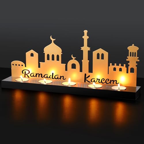 MorningRo Ramadan Kareem Decorations Islamic Candle Holder with 5 Tea Candles Eid Mubarak Metal Sign with Wood Base Ramadan Kareem Table Centerpieces Eid Al Fitr Muslim Party Gifts - style: Elegant