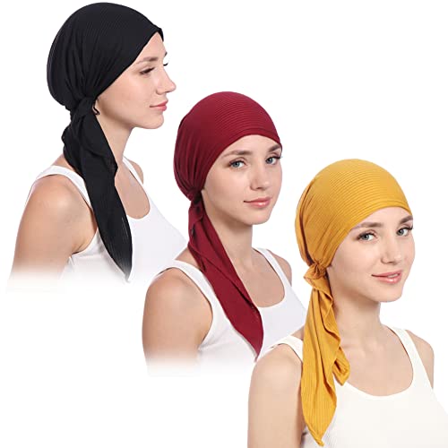 3 Packed Women's Pre Tied Head Scarves Slip On Chemo Beanies Hair Cover Headwrap Caps - color: A1-long Strap-3 Packed