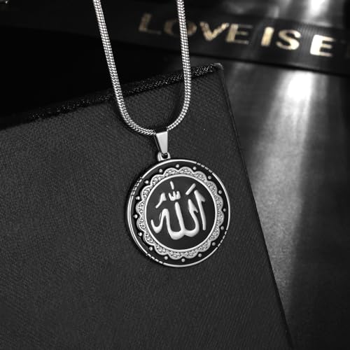Hipunk Men Islamic Pendant Necklace - Muslim Allah Necklace Allah Necklace Mens Muslim Islam Pendant 316L Stainless Steel Islamic Arabic Gift Black Gun/18K Gold Plated Islam Jewelry SP0049 - color: white & black