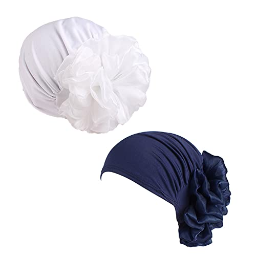 Women Flower Elastic Turban Beanie Head Scarf wrap Chemo Cap hat for Cancer Patient - color: White Navy