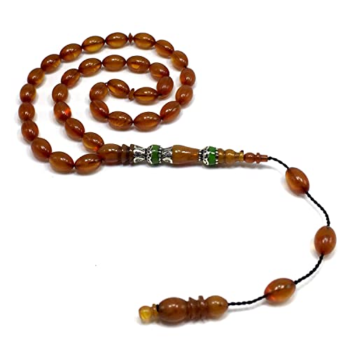 EXCLUSIVE COLLECTION -Handmade Silver Engraved Bakelite Tesbih, Tasbih, Islamic Rosary, Islamic Prayer Beads, Misbaha (7x10 mm 33 Honey Color Rice Beads) - color: 7x10 mm 33 Honey Color Rice Beads