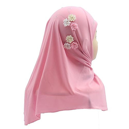 Instant Hijab for Kids Girls Hijabs Muslim Islamic Head Scarf with Rhinestone and Flowers - color: Pink