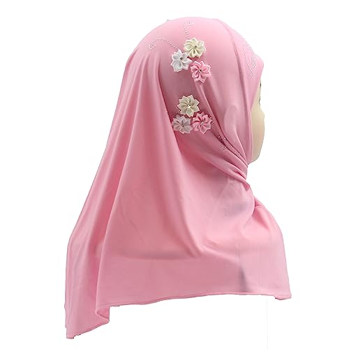 Instant Hijab for Kids Girls Hijabs Muslim Islamic Head Scarf with Rhinestone and Flowers - color: Pink