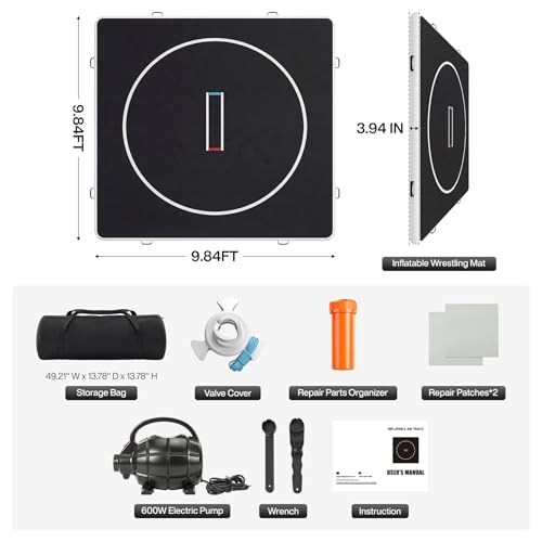 Inflatable Wrestling Mat 10FT / 13FT x 4IN, PVC Portable Wrestling Mats for Home, 4" Thick Jiu Jitsu Mats with Circles for Wrestling, Martial Arts, Jitsu, BJJ, Boxing, MMA, Judo Indoor Outdoor Use - size: 10FT*10FT*4IN