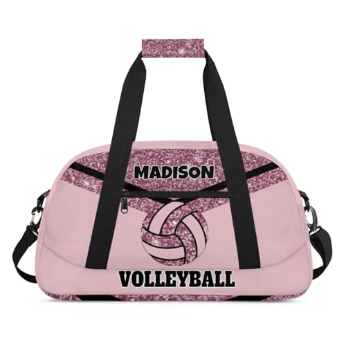 Personalized Volleyball Bag Teens, Custom Gym Bag Name Overnight Duffel Bag for Practice Sports Bag, Light Pink Glittering - color: Dark Pink