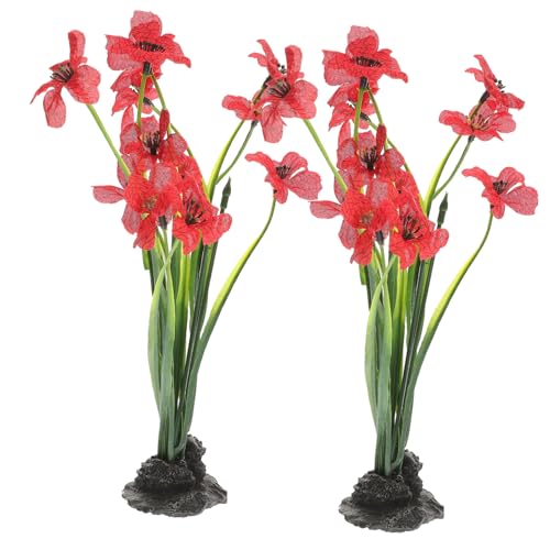 LALAFINA 2Pcs Decorative Fake Aquarium Plants with Stable Base Realistic Fish Tank Ornament Red for Desktop Aquarium Supply and Fish Hides