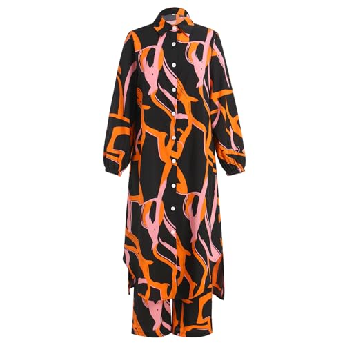 IDOPIP Abaya Dress for Women Muslim Set Long Sleeve Ramadan Islamic Dress Shirt with Pants 2PCS Dubai Prayer Casual Clothes - color: Black - Print, size: Large