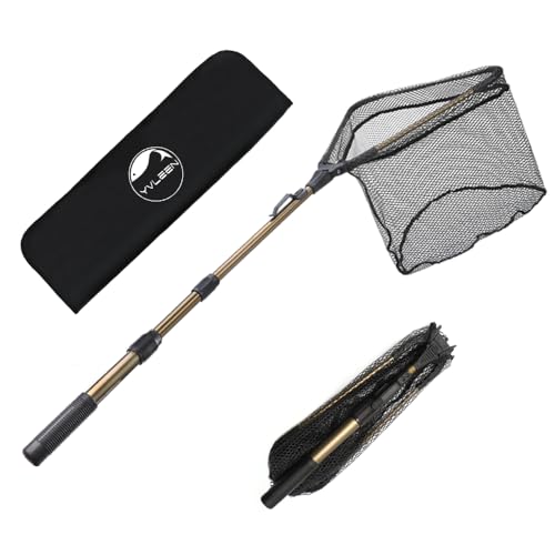YVLEEN Folding Fishing Net - Foldable Fish Landing Net Robust Aluminum Telescopic Pole Handle and Nylon Mesh 16inch Hoop Size - color: F:16"/40cm(3 Sections Telescopic Handle) Gold