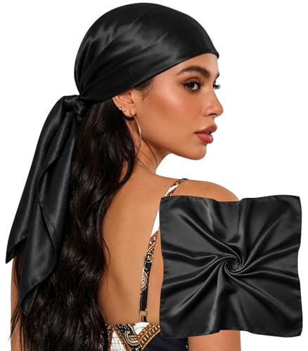 Sumolux Head Hair Scarf for Women 35" Like Satin Silk Scarf Hair Wrapping Night Bandana Large Square Scarves - color: A Solid Black