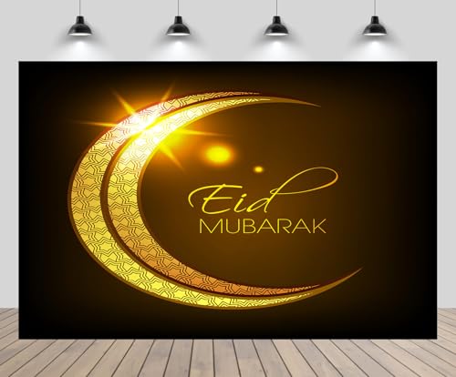 7x5ft Eid Mubarak Backdrop Golden Crescent Luxury Gold Glitter Shining Eid Al-Adha Themed Red Background Islamic Muslim Festival Party Decoration Portrait Photo Booth Studio Props Banner - size: 7x5FT
