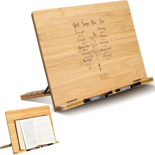 Geelin Baptism Christian Gift for Women Mother's Day Large Bible Stand for Display at Home Adjustable Bamboo Bible Holder Stand Tray Page Clip Portable Stable Hard-Wearing(Inspirational,15x11'') - size: 15x11'', style: Inspirational