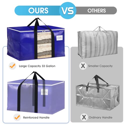 BlissTotes 6 Pack Moving Bags with Clear Window, Storage Bags with Strong Carrying Handles & Zippers,Large Packing Bags for Saving Space, Alternative to Moving Boxes(Blue,33 Gallon)
