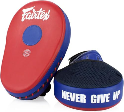Fairtex FMV13 Maximized Focus Mitts, Muay Thai Kickboxing MMA Punching Pads | Premium Syntek leather shell with multi-layer foam. Curved shape with hook-and-loop wrist strap absorbs trainer strike impact - color: Red/Blue