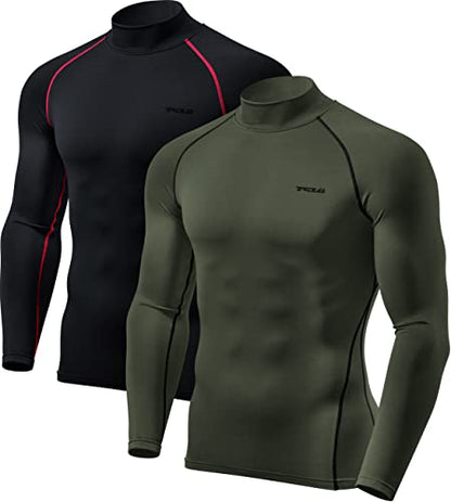 TSLA Men's Thermal Long Sleeve Compression Shirts, Mock/Turtleneck Winter Sports Running Base Layer Top - color: 2pack Black&red/Olive, size: Small