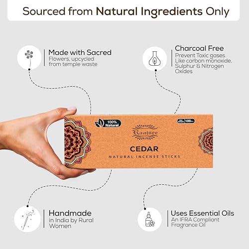Raajsee Cedar Incense Sticks, 100%-Natural Charcoal Free Organic Non Toxic Clean Burning Handmade Insence Sticks 100 gm Pack, Meditation Gifts – Spritual Cleansing - color: Cedar