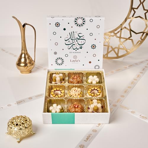 Layla’s Delicacies Mediterranean Treats Gift Box for Eid Mubarak - Handmade Healthy Mixed Nutty Flavors Pastries - Halal, Vegetarian, Gluten Free - 9 Bite-Size Treats - color: Eid Gift Box, size: 9 Count (Pack of 1)