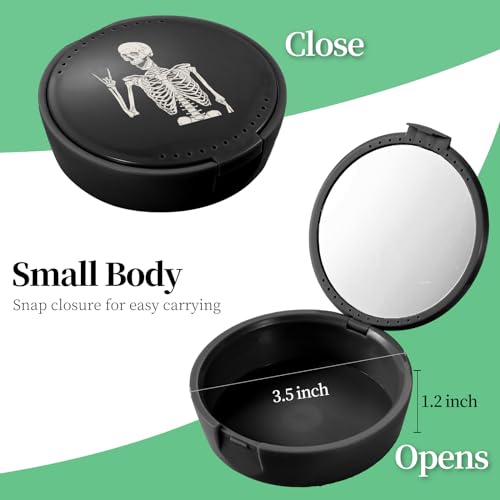 Retainer Case, Denture & Mouth Guard Orthodontic Aligner Case With Mirror & Ventilation, Black Skull - color: Black Skull