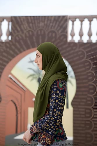 SARJANA Women's Solid Color Cotton Hijab with Under Scarf Cap Ready to Wear Stretch Scarves Long Scarfs FREE SIZE - color: Olive