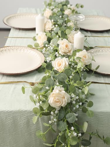 Anna's Whimsy 5.91FT Artificial Eucalyptus Greenery with Flowers, Fake Rose Gypsophila for Wedding Spring Home Party Decor - color: Champagne, size: 1PCS