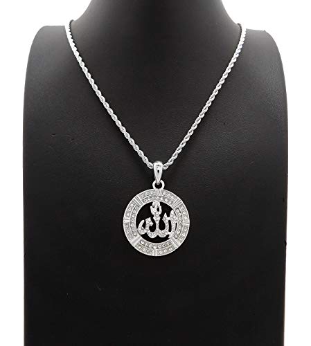 SJ Iced Arabic Allah Pendant 2mm Various Rope Chain Hip Hop Necklace XZ379RC - color: Silver 24"