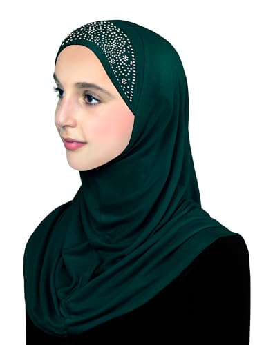 Aiyah Hijab for Girl's 1 piece Elastane-Spandex Amira Head Scarf with Rhinestones Easy Pull-on Headscarf - color: Large - Teal Green, size: Large