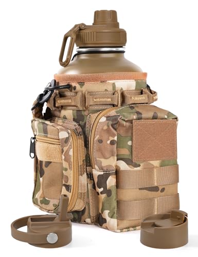 Tactical Half Gallon Water Bottle with Straw, 64 Oz Insulated Water Jug with Molle Water Bottle Holder, Stainless Steel Sport Bottle with 3 BPA Free Lids for Gym Workout Hiking (64oz-Brown) - color: 64oz-Brown