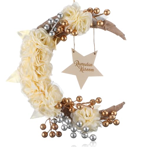 Lineshading Eid Ramadan Mubarak Wreaths Ramadan Decorations for Home Front Door Eid Decor Round Metal Hoop Floral Hanging Garland for Wall Window Indoors Outdoor Farmhouse Decor (Cute) - style: Cute