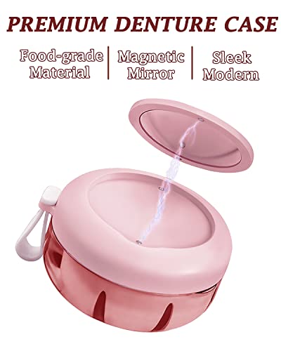 Denture Case, Definitely No-Leak Denture Bath Box for Traveling Perfectly, Denture Cup with Strainer & Magnetic Mirror,Completely Clean Care for Retainer, Mouth Guard, & Denture - color: Pink
