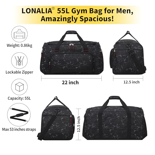 55L Large Gym Duffle Bag for Men, 22 inch, Marble Black | Heavy Duty, Gym Duffel Bag, Multi Pockets, Spacious - color: Marble Black