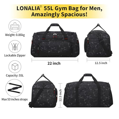 55L Large Gym Duffle Bag for Men, 22 inch, Marble Black | Heavy Duty, Gym Duffel Bag, Multi Pockets, Spacious - color: Marble Black