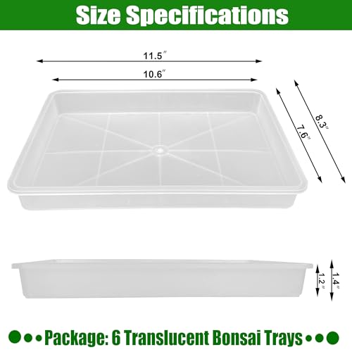 MUZHI 6 Pack Plastic Bonsai Humidity Trays, Rectangle Plant Growing Saucer Water Catcher Drip Tray, Seed Starter Drainage Tray Translucent (11.5x8.3 Inch)